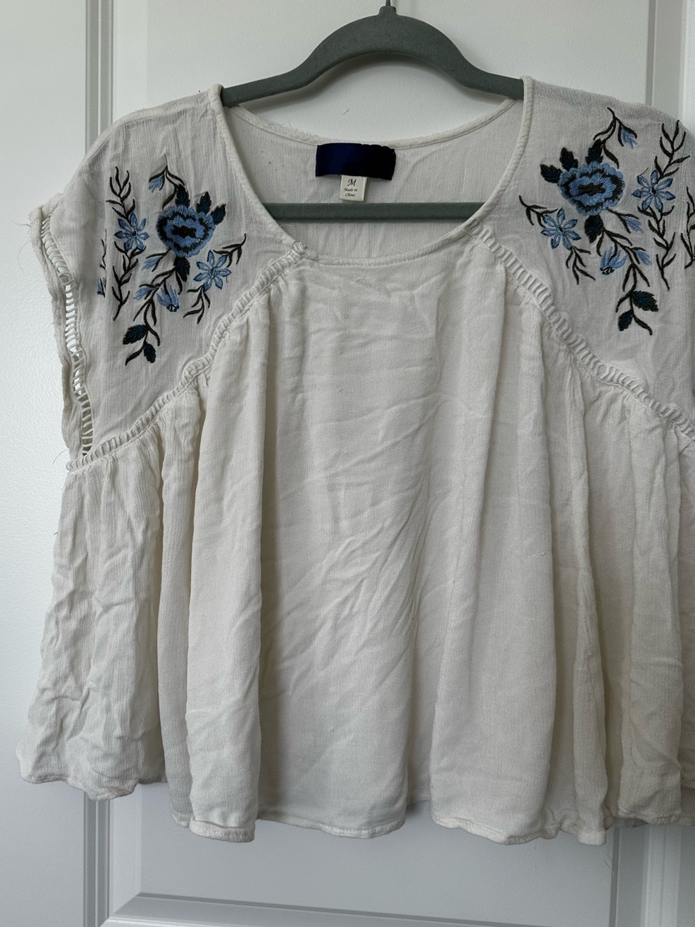 Blue Rain Ivory Peasant Top with Blue Floral Embroidery